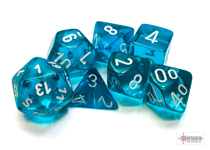 Translucent Polyhedral Teal/white 7-Die set