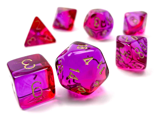 CHESSEX POLYHEDRAL GEMINI 7-DIE SET TRANSLUCENT RED-VIOLET/GOLD