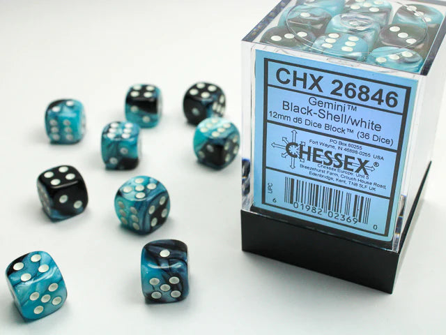 12mm d6 Dice Block (36 Dice - Gemini: Black-Shell/White)