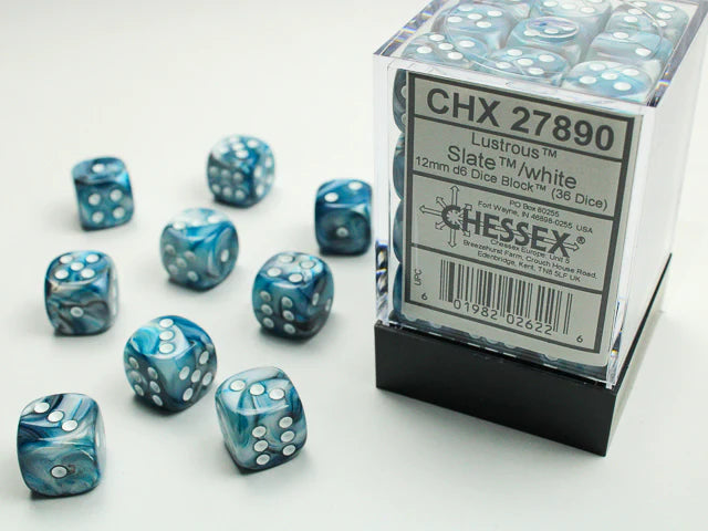 12mm d6 Dice Block (36 Dice - Lustrous: Slate/White)