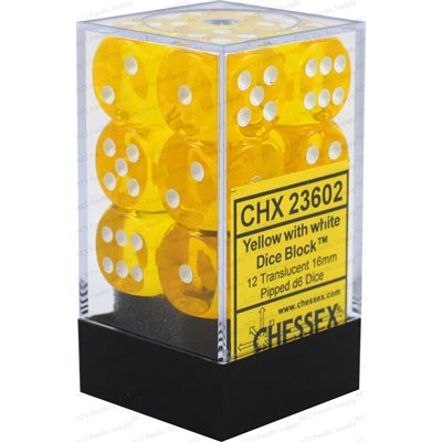Dice: 12x D6: 16 mm: Translucent: Yellow with White