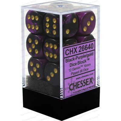 Dice: 12x D6: 16 mm: Gemini: Black-Purple/Gold