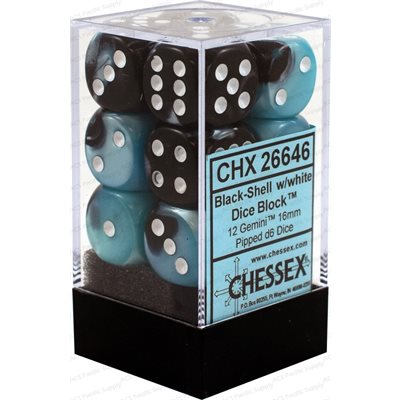 Dice: 12x D6: 16 mm: Gemini: Black-Shell / White