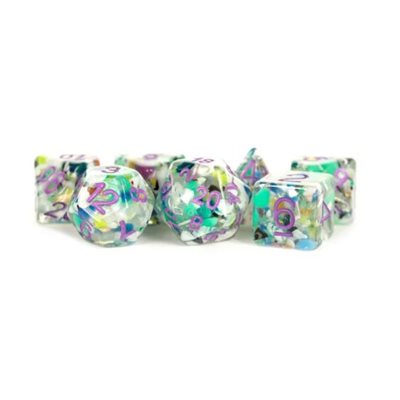 Dice: 7 pc: 16 mm: Resin: Recycled Dice with Purple Numbers
