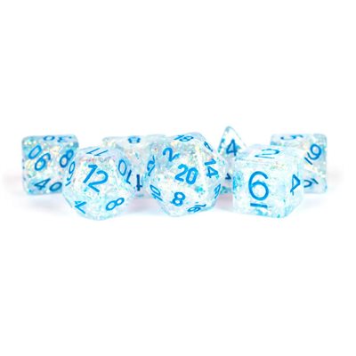 Dice: Resin 16mm 7pc Set: Flash Clear w/ Light Blue Numbers